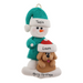 Ornament of snowman in green shirt and hat with tan dog in Christmas hat, personalized with names.