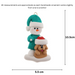 Ornament of snowman in green shirt and hat with tan dog in Christmas hat, graphed to show size (5.5x10.5cm).