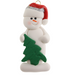 White snowman in red festive hat with green Christmas tree ornament.