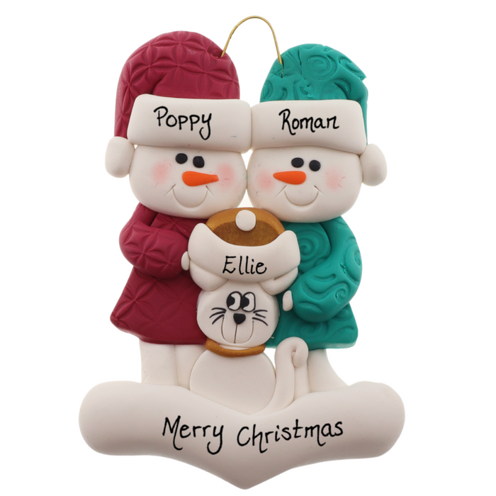 Ornament of snowman couple in red and green shirts and hats with a white cat in Christmas hat, personalized with names.