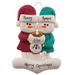 Ornament of snowman couple in red and green shirts and hats with a white cat in Christmas hat, personalized with names.
