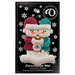 Ornament of snowman couple in red and green shirts and hats with a white cat in Christmas hat, on a display backing card.