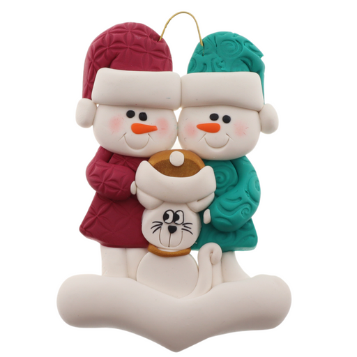 Ornament of snowman couple in red and green shirts and hats with a white cat in Christmas hat.