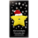 Yellow star in red Christmas hat ornament, on display backing card.