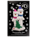 Family ornament with 2 white snowmen in bright scarves, with green Christmas tree, on display card backing.